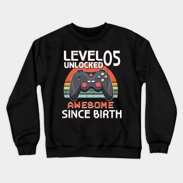 Retro Gaming B-Day 5 Level Unlocked Awesome Gamer Crewneck Sweatshirt by CrissWild